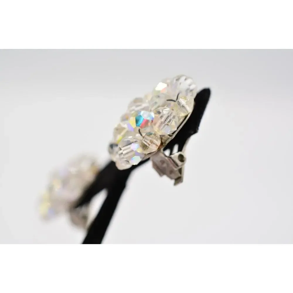 Vintage Crystal Clip On Earrings Aurora Borealis AB Cluster Silver Tone BinAA